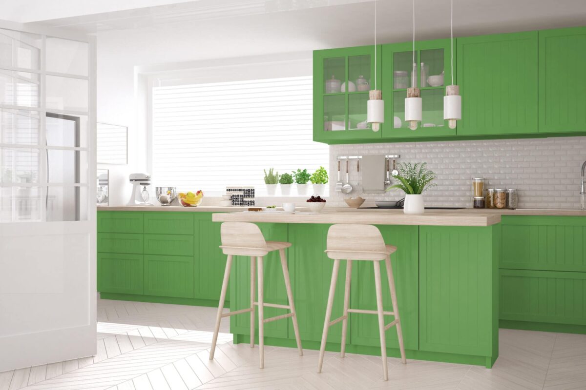 Scandinavian,Classic,Kitchen,With,Wooden,And,Green,Details,,Minimalistic,Interior