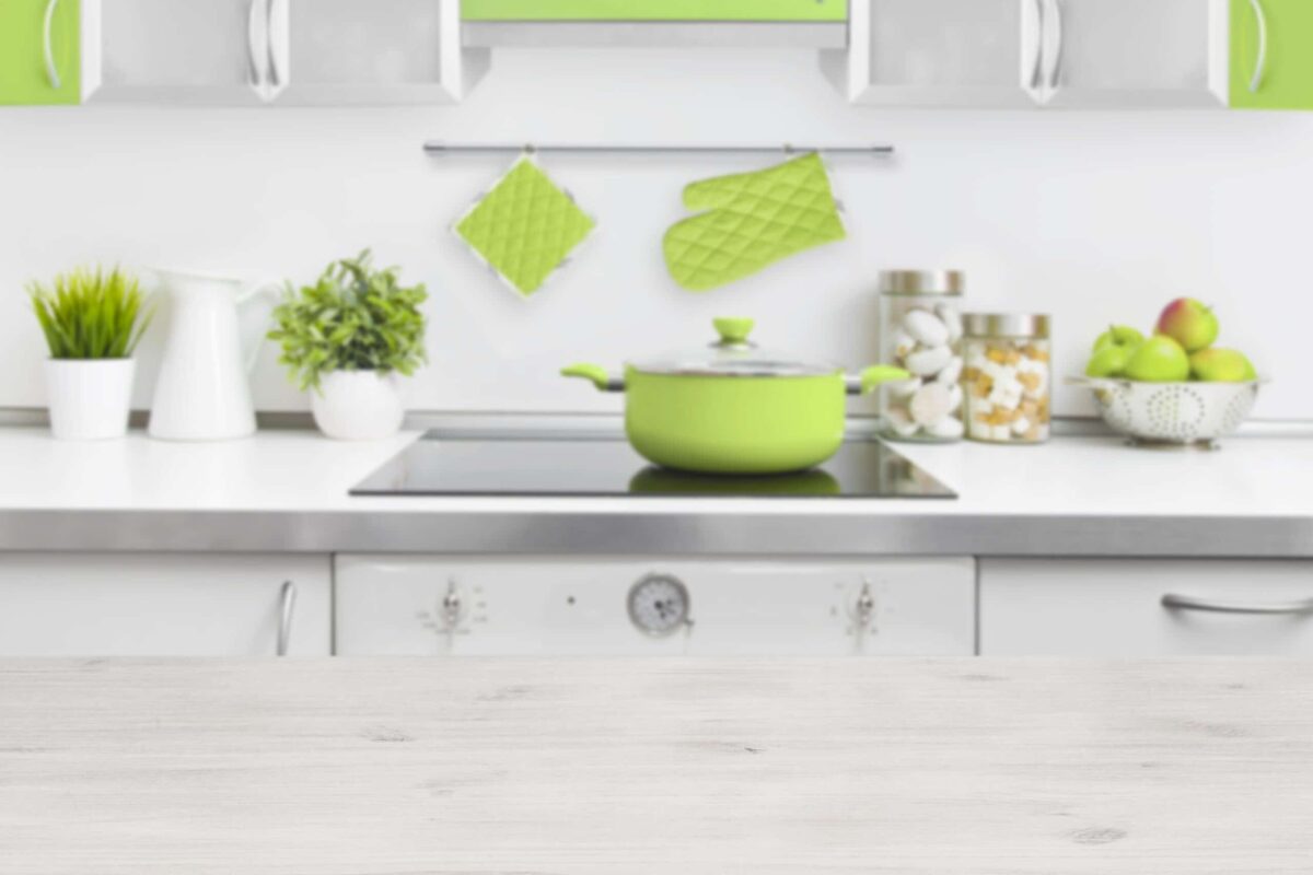 Wooden,Table,On,Green,Modern,Kitchen,Bench,Interior,Background