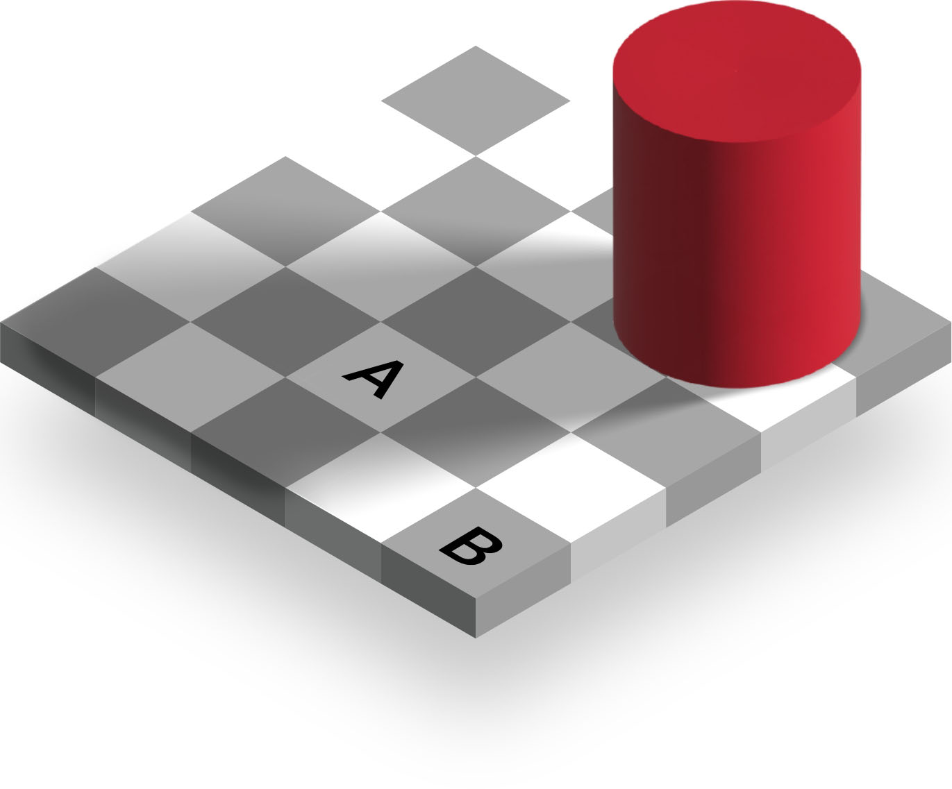 gray-and-white-checkerboard-with-red-cylinder-casting-a-shadow