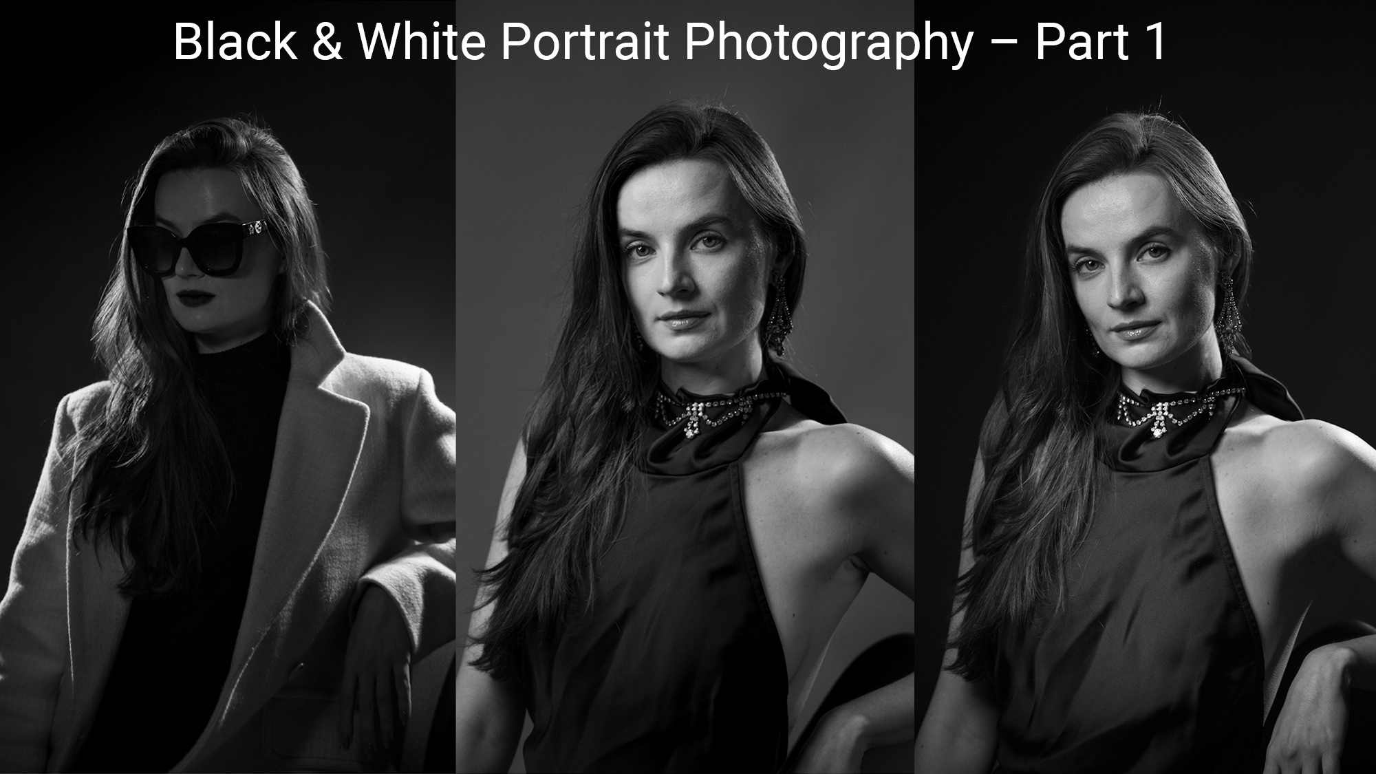 Tre stili di fotografia ritrattistica in bianco e nero affiancati, che mettono in evidenza le differenze nell'illuminazione in studio, nei giochi d'ombra, nel contrasto e nelle tecniche di modellazione dei lineamenti del viso utilizzate dai fotografi ritrattisti professionisti.