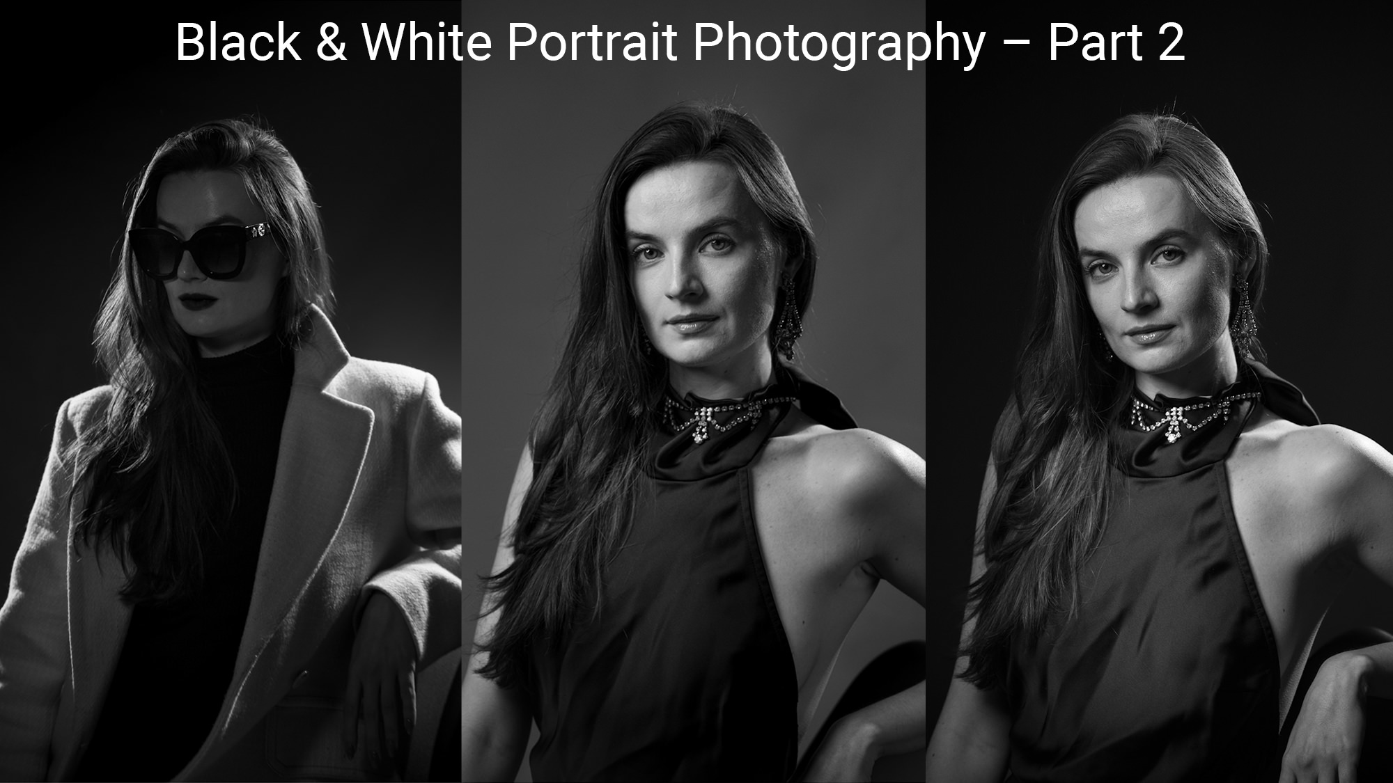 Tre stili di fotografia ritrattistica in bianco e nero affiancati, che mettono in evidenza le differenze nell'illuminazione in studio, nei giochi d'ombra, nel contrasto e nelle tecniche di modellazione dei lineamenti del viso utilizzate dai fotografi ritrattisti professionisti.
