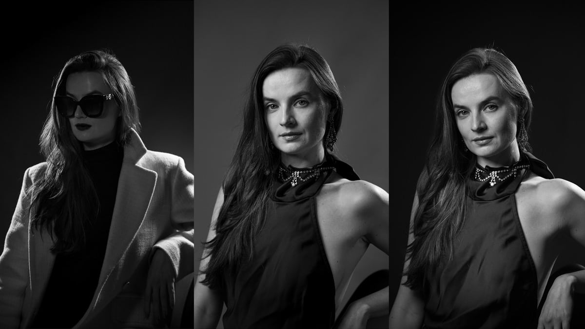 Three black-and-white portraits of the same model, demonstrating how different lighting setups create distinct visual styles and moods, from dramatic film noir contrast to soft and expressive portrait photography.