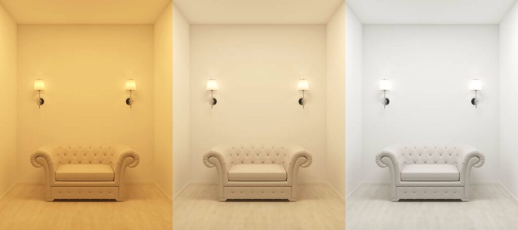Three images of the same couch in different lighting.