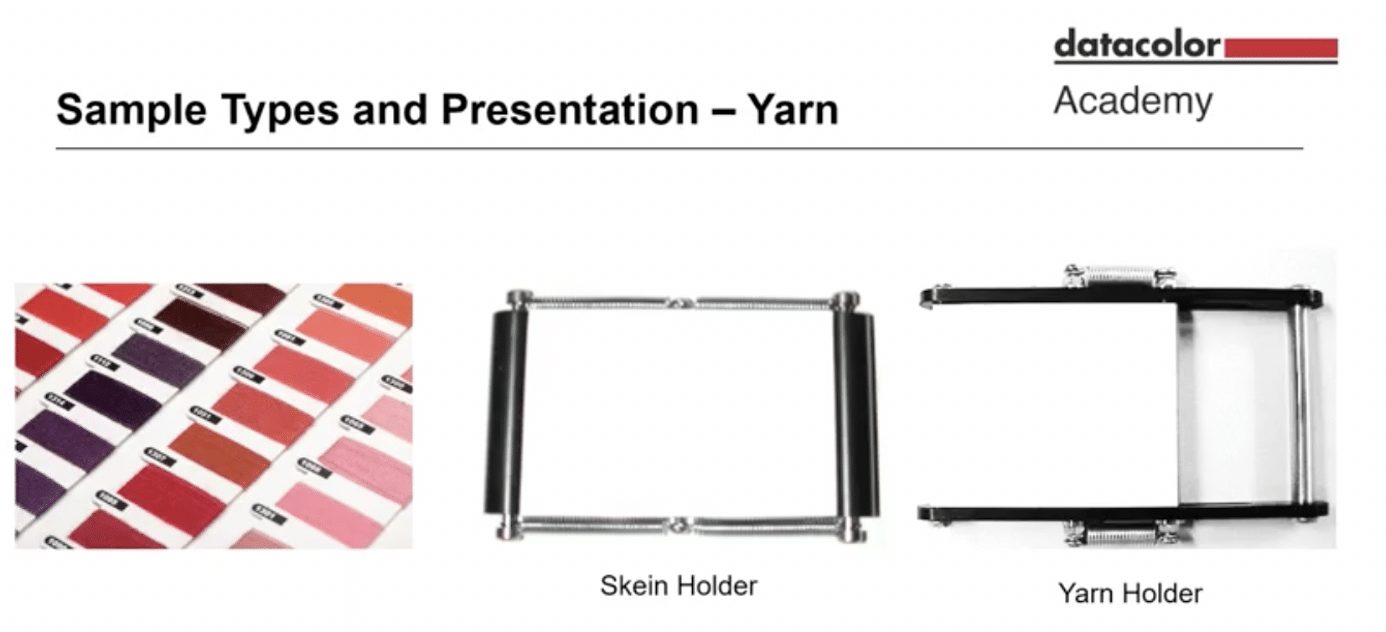 Yarn samples, skein holder and yarn holder for color measurement.