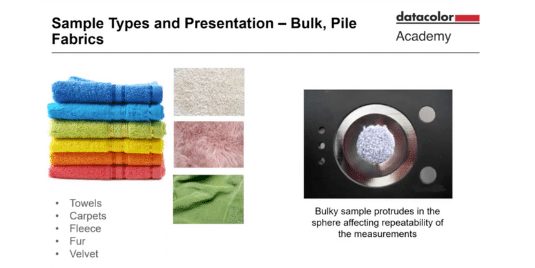 Fabric samples for color measurement including towels, carpets, fleece, fur and velvet.