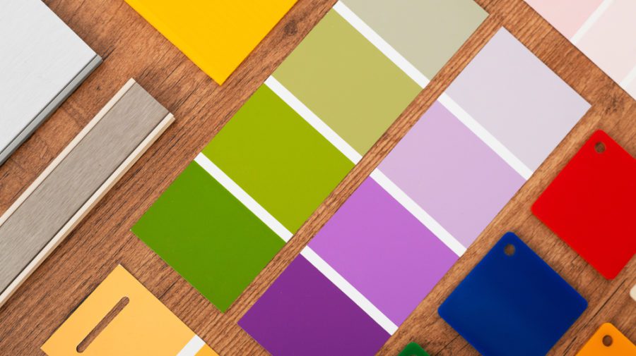 color fandecks and color samples laid out on table