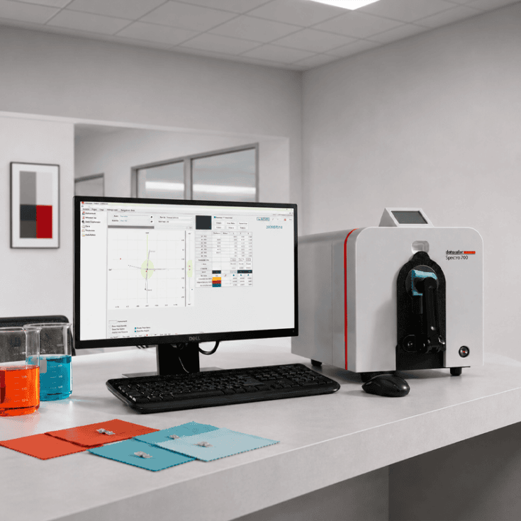 Textile Lab Manager managing colorful fabric within a textile laboratory