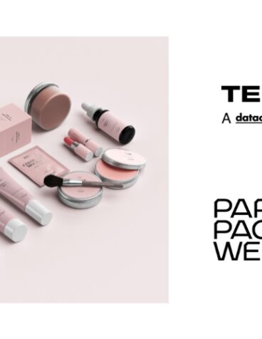 Line of cosmetics products with pink and brown packages.